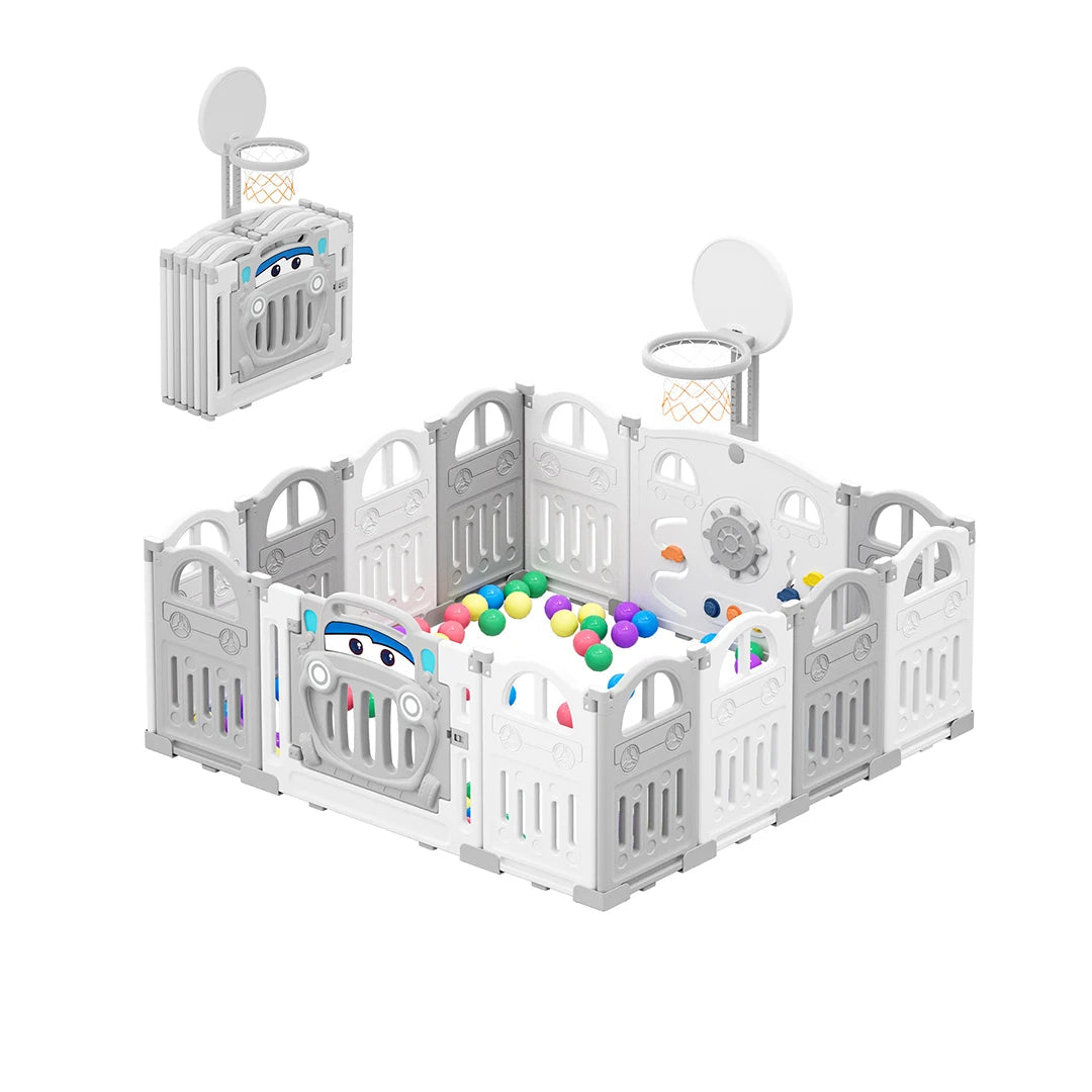 parc bébé pliable gris et blanc